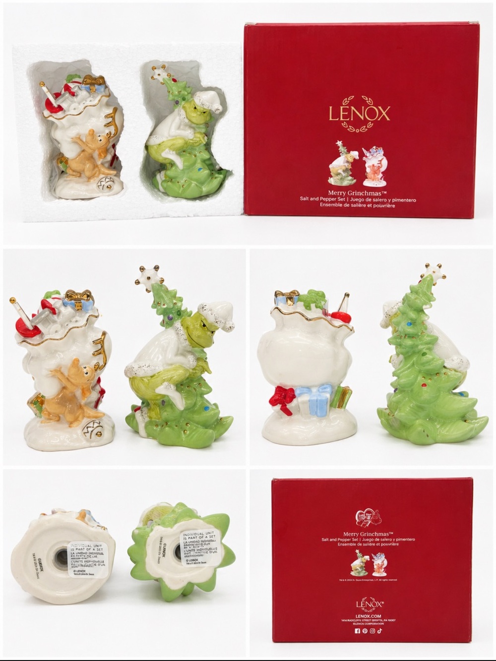 Lenox Grinch Holiday Salt & Pepper Shakers in Green, White, Red